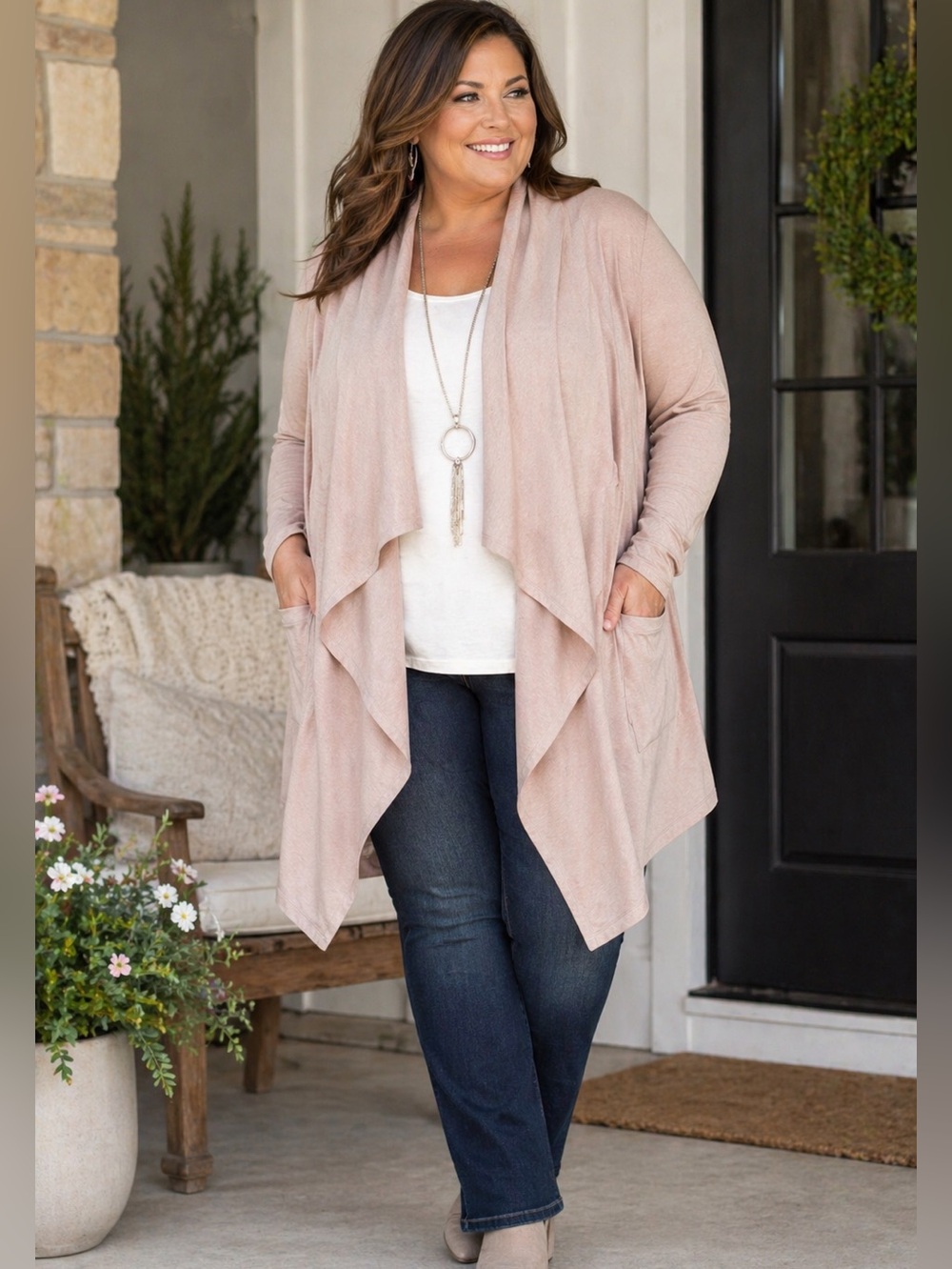 LOGO Lori Goldstein Cardigan Womens 3X Blush Waterfall Open Front Plus
